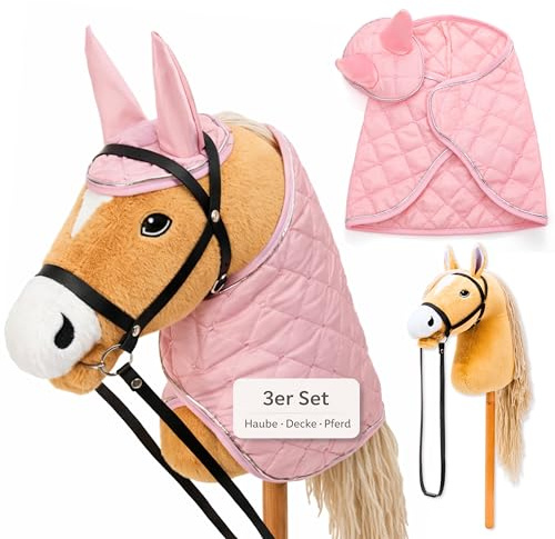 Hoofly Hobby Horse Set – Caballo grande para niños con manta y capucha | Juego completo de caballos Hobby Horsing con brida y varilla de tornillo de 35 cm | Caballo beige – Accesorio rosa