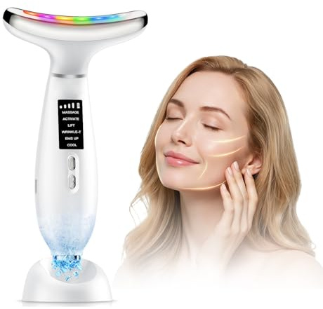 Gesichtsmassagegerät, EMS Gerät Gesicht gegen Falten, Face Massager mit 5°C Kühlung & 45°C Wärme, 6 Modi, 7 Farben LED Lichttherapie, Face Lifting Gerät für Gesicht & Hals Straffen - Weiß