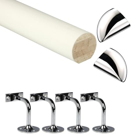 Jackson Woodturners White Primed Mopstick Handrail Kit Ready to Paint with Chrome Wall Brackets & Fusion End Caps (3600mm + 4 Wall Brackets)