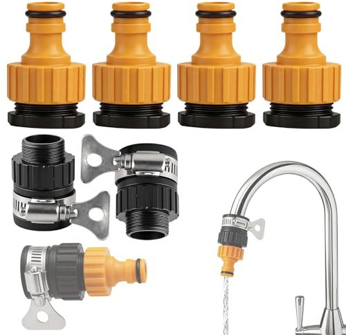 6 Pcs Tap Hose Connector for Kitchen Sink, Universal Mixer Tap to Garden Hose Adapter Kit with 4 Yellow Nipples and 2 Thread Adapters, Snap On Faucet Hose Pipe Attachment for Indoor Outdoor Watering