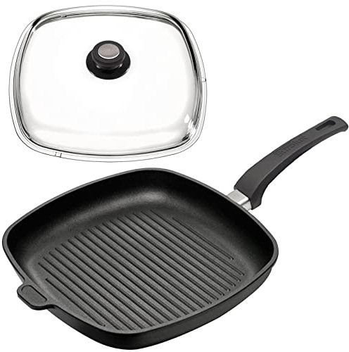 Eurolux große Eck-Grillpfanne 28x28 cm Induktion Set mit Deckel - 4.5 cm flache quadratische induktive Guss-Pfanne mit Antihaft-Beschichtung - Made in Germany