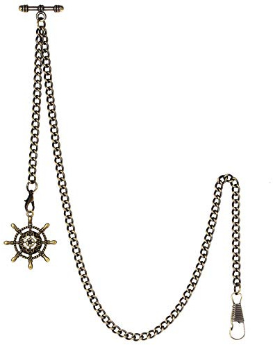 TREEWETO Men's Albert Chain Pocket Watch Curb Link Key Chain 2 Hooks with Antique Bronze Rudder Pendant Design Charm Fob T Bar
