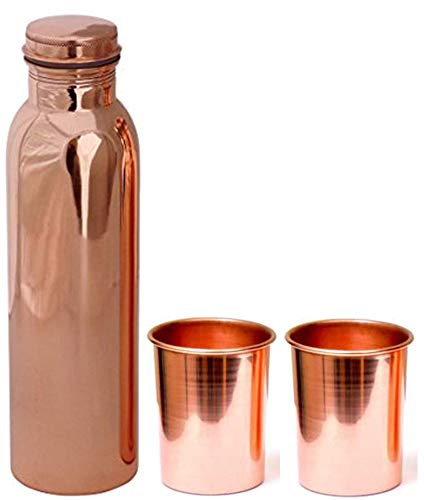 TreegoArt - Borraccia in rame puro da 1 litro con 2 bicchieri in rame, confezione regalo (bottiglia da 1000 ml, vetro da 300 ml)