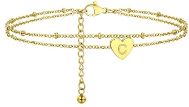 PROSTEEL Bracelet de Cheville Femme Plaqué Or Jaune avec Charm Coeur Initiale Double Chaîne du Pied Ajustable 22+5cm
