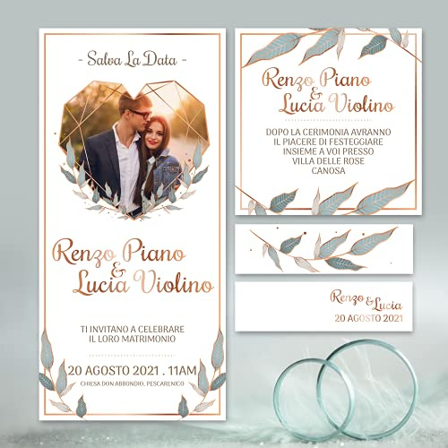 Gadaleta Digital Industries - INVITI e PARTECIPAZIONI di MATRIMONIO | CON PERSONALIZZAZIONE | F.to 9,5x20 cm | CARTONCINO LUX | Kit 25 pz Completo di Busta + Cartoncino Chiesa, Ristorante e Bomboniera