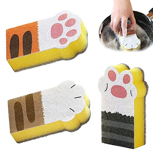 3 Pcs Cat Paw Shaped Cleaning Sponge, Cute Dual Sided Kitchen Sponge Brush | Non-Scratch, Block Pet Bowl Sponge, Dish Sponge Wipe, Cat Claw Sponges, for Household Dishwashing Washing Up Dishes