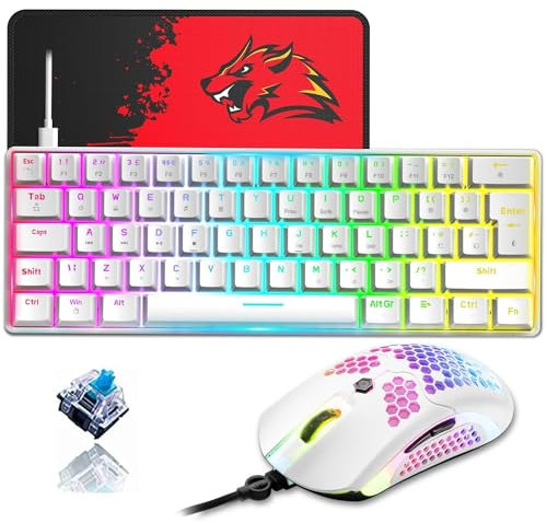 ZIYOU LANG T60 60% mechanische Gaming-Tastaturmaus [UK-Layout] – RGB-Beleuchtung, Typ C, ergonomische Mini-Tastatur, 12.000 DPI, USB-Wabenmaus – Weiß+Blauer Schalter