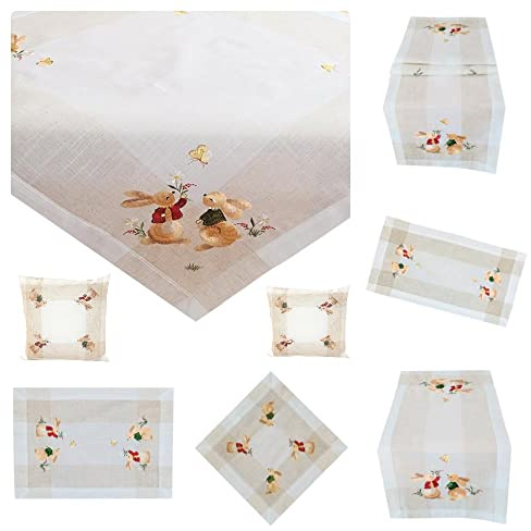 Raebel OHG Tischdecke Mitteldecke Tischläufer Deckchen Kissenhülle Ostern Leinen beige Bestickt mit süßem Osterhasenpaar (Kissenhülle 40 x cm)