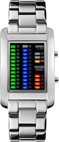 Yxian Reloj Informal de Moda Unisex, Bisel Rectangular de Acero Inoxidable y luz LED Multicolor, Reloj Binario Deportivo Resistente al Agua de 50M para Hombre (Plata)