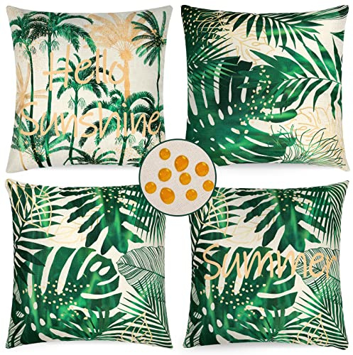 SOMYTING wasserdichte Kissenbezug 4 Stück 45x45cm Tropische Blätter Grün Pflanze Baumwolle Leinen Wasserdicht Kissenbezug Dekokissen Sofakissen Sommer Grün Blätter Kissenhülle für Couch Schlafzimmer
