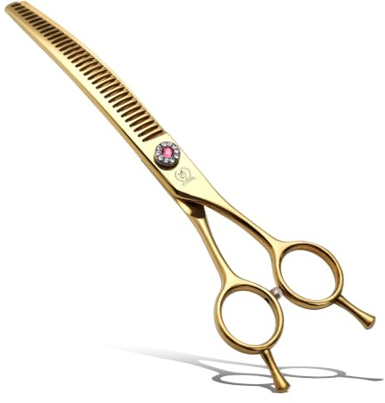 Fenice Peak Professionelle Fellschere für Hunde, gebogen, 17,8 cm, extrem scharfe Klingen, 440C-Stahl, Effilierschere, langlebig, glatte Bewegung und feiner Schnitt, für Hunde und Katzen, (Gold)