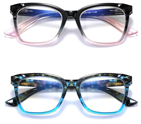 Areyeth 2 pares de anteojos de lectura cuadrados de gran tamaño para mujer, bloqueo de luz azul, para lectura de computadora con bisagra de resorte flexible (negro/transparente + demi/azul, 3.0)