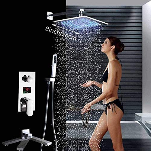 SENNIAN Shower Set Shower Set Shower System Chrome Led Rainfall Shower Faucet Chrome Digital Temperature Screen Bath Shower Mixer with Handshower Swivel Folding Spout Shower System-8 Inch