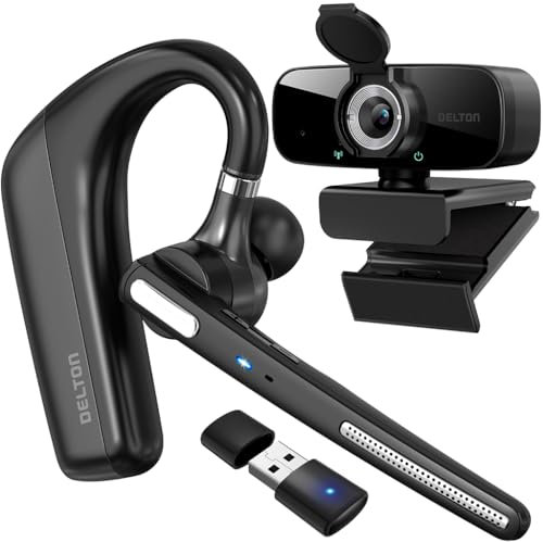 Delton Auriculares inalámbricos con cámara web de 1080p, auriculares Bluetooth de una sola oreja con funda de carga, micrófono con cancelación de ruido, dongle USB para PC/portátil/smartphone,