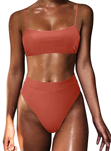 MOSHENGQI Women High Waisted High Cut Bikini Push Up Bandeau Swimsuits (L, Coral Pink)