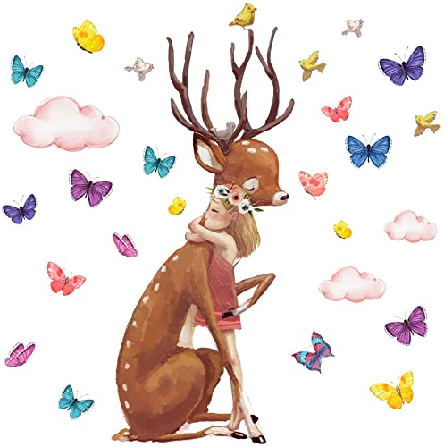 WandSticker4U®- Wandtattoo Waldtiere Kinderzimmer MÄDCHEN & REH XXL (73x68 cm) I Wandsticker Babyzimmer Mädchen Tiere Wald Hirsch Schmetterlinge I Wandaufkleber Kinderzimmer Deko Mädchen Junge GROß