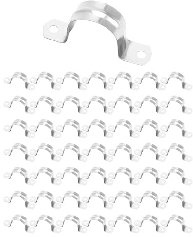 QWORK 1 Rigid Pipe Strap Clamp, 50 Pack Bracket Tube Clip, Heavy Duty Stainless Steel Fastener Holder Two Hole Strap, Widened Tube Strap Tension Clip Assortment Kit