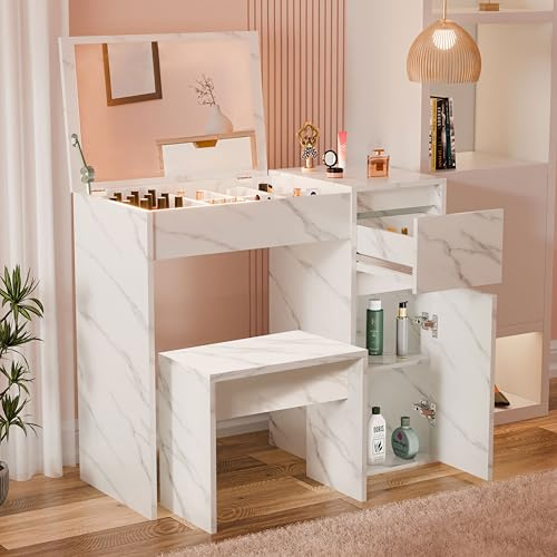Blisswood Vanity Desk with Flip-Up Mirror & Stool – Dressing Table with Hidden Storage & 1 Drawer and 2 Shelves for Makeup, Girls Dresser or Writing Table for Beauty, Bedroom Furniture - White Marble