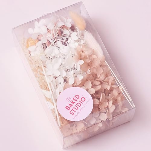 The Baked Studio - Deluxe Dried Flower Set Containing Limonium, Hydrangea, Crystal Grass, Octagonal Flower, Craspedia, Lagurus & Ruscus (Peachy Pinks, White & Orange)