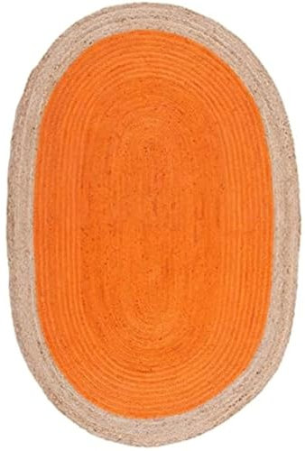 Jaipur Art And Craft Orange mit beigem Rand, handgefertigter, ovaler, geflochtener, wendbarer Jute-Teppich, Teppichgröße – (8x10 Quadratfuß), (96x120 Zoll), (240x300 cm)