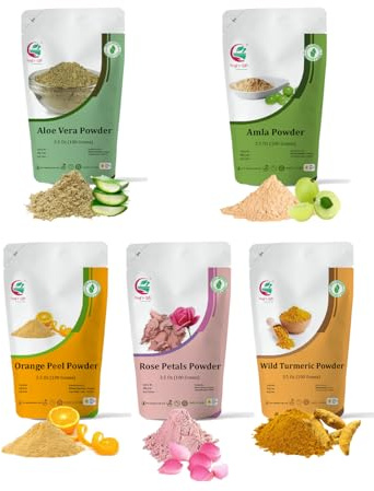 Ensemble de soins de la peau à base de plantes | 5 poudres dans un seul paquet | Poudres d'aloe vera, d'amla, d'écorce d'orange, de rose et de curcuma sauvage | 100 g chacun | Par Yogi's Gift®