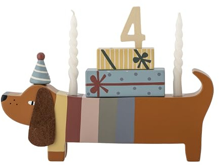 Bloomingville MINI Charlie Geburtstagsdekoration – Braun – FSC®100% Lotusbaumholz & MDF – Hund mit Kerzenhalter und Zahlen von 0-9 – Geschenkbox – 28 × 14 × 5 cm, 82054440