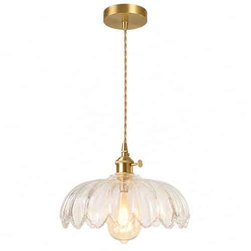 NICRX 25 cm industrielle Vintage-Pendelleuchte, Glas-Lotus-Lampenschirm, Pendelleuchte, Kronleuchter, E27, Messing-Finish, Decken-Hängelampe (Klar)