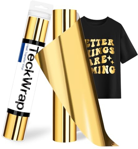 TECKWRAP PU Metallic Heat Transfer Vinyl Roll 12 x 5ft Chrome Gold HTV for DIY Clothing,T-Shirts,Fabric Foil Iron on Vinyl Compatible with Heat Press Craft Cutters