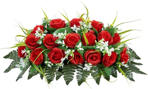 MOOMASS Cemetery Headstone Flower Saddle - Artificial Cemetery Flowers Rose, Grave Decoration，Non-Bleed Colors, and Easy Fit (red, Saddle)