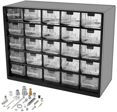 25 Drawers Stackable Storage Cabinet with 50 Removable Dividers, 29.3x 22.5x 12.3cm Desk Organizer with Drawers, Clear Desk Drawer Storage Box Tabletop Storage Organization Box for Hardware Craft