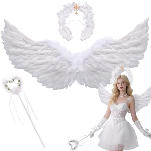 Engelsflügel Weiß mit Deluxe Heiligenschein Set,80 cm Engel Flügel Halloween Engel Kostüm Flügel für Erwachsene Kinder,Groß Weißer Engelsflügel Wings für Karneval Party Fasching Verkleidung