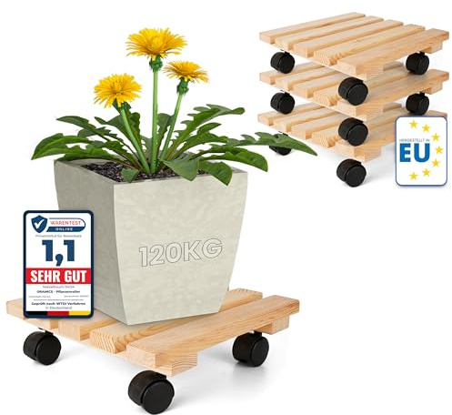 Oramics 4 Stück Pflanzenroller Eckig aus Massivholz – 30 x 30 x 8 cm bis 120 KG belastbar – Rollbrett für Pflanzen, Blumentöpfe und Blumenkübel – Blumentopf Untersetzer mit 4 Rollen