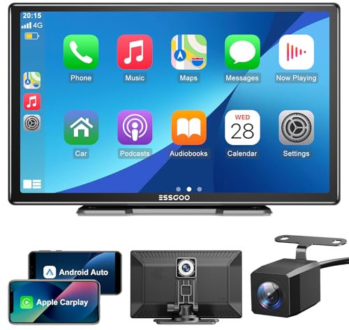ESSGOO A-pple Carplay & Android Auto, 9 Zoll IPS Carplay Display,Mit 4k-Dashcam,1080p-RüCkfahrkamera，Carplay Auto Mit Bluetooth 5.0/Fm/Siri/G-oogle/Mirror Link/64g Tf/Aux