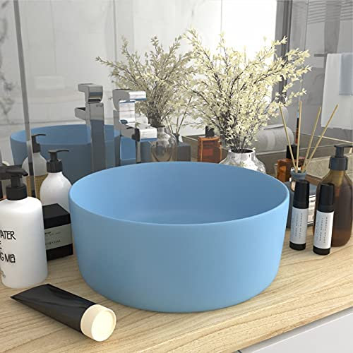 LAPOOH Lavabo de Lujo, Lavabo sobre Encimera, Lavamanos para Baños, Lavabo Baño, Mueble Lavabo, Muebles De Baño, Redondo cerámica Azul Claro Mate 40x15 cm