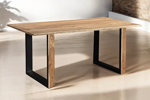 SAM Baumkantentisch 140 x 80 cm Melbourne, Akazienholz massiv + naturfarben, Esstisch mit schwarzem U-Gestell aus Metall & Holz-Außenseite, echte Baumkante, pflegeleichter Esszimmertisch