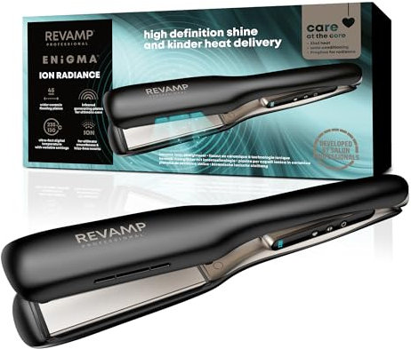 REVAMP Enigma Tri-Care Infrared Ionic Wide Hair Straightener - Extra-Wide Plate Straighteners for Kind, One Stroke Styling, Curved Design for Waves, Curls - Professional Ceramic Hair Straightener