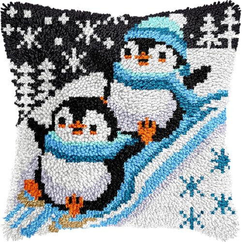 veirousa Skiing Penguins Christmas Latch Hook Kits for Adults Beginners, Cute Aniamls Winter Latch Hook Pillow Kit, Pre-Printed LatchHook Cushion Rug Kits for Home Sofa Decor Gift Idea 43x43cm