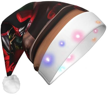 TietYaer Romantischer Weihnachtshut mit rotem Rosen- und Wein-Druck, LED-Weihnachtsmannmütze, Weihnachtsmützen für Erwachsene, Uni, Weihnachtsfeier, Silvester, Schwarz, 1