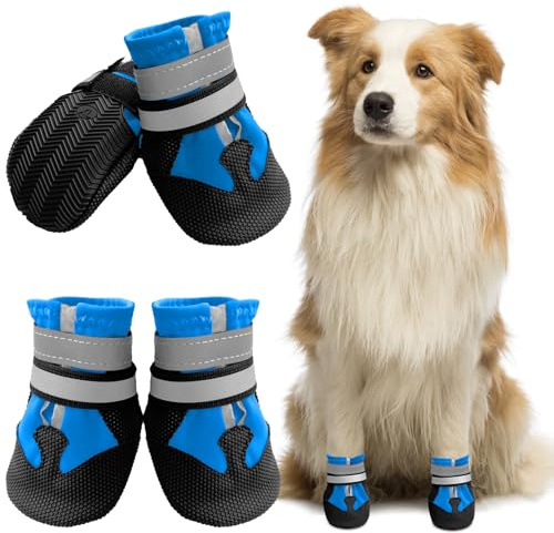 Muecleao Hundeschuhe Pfotenschutz, 4 Stück Wasserdicht Anti-Rutsch Hundestiefel mit Rutschfester Sohle und reflektierendem Klettverschluss, Schuhe für kleine, Mittlere und Große Hunde (Blue, S)