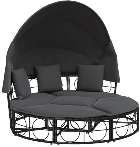 vidaXL Outdoor-Loungebett mit Dach und Kissen Schwarz Poly Rattan, Outdoor Loungebett, Loungebett, Garten Sonnenliege, Outdoor Loungebetten