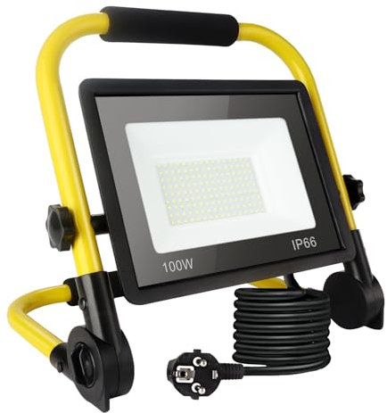 Faretto Led da Cantiere da 100w, Luce Per Cantiere 10800 Lm, Luci Lavoro Portatile, Luce Bianca Diurna 6000k, Spina Ue Impermeabile Ip66, Luci Cantiere con Cavo da 3,5m Per Officina, Garage, Giardino