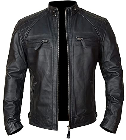 Fashion_First vintage retro herr café racer antik biker läderjacka kollektion – äkta kohud, Svart diamant, XL