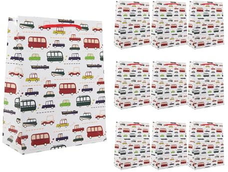 Idena 90245 - Geschenktüten Fahrzeuge, 10 Stück, Geschenktaschen in der Größe 18 x 23 x 8 cm, weiße Papiertüten mit bunten Autos