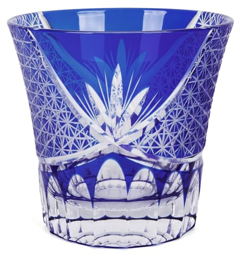 Japanese Whiskey Glass, Edo Tokyo Kiriko Style, Cobalt Blue Hand-Cut