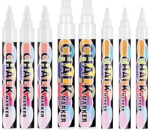 JIANTA 8 White Chalk Pens, Washable Liquid Chalk Markers with Reversible Tip, White Dry Erase Markers for Chalkboard Signs, Blackboard, Car Window, Glass (3mm, 6mm, 10mm)
