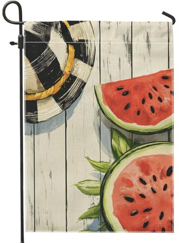 Sommer-Gartenflagge mit Wassermelonen- und Strohhut, rote Wassermelonen-grüne Dekoration, Outdoor-Banner, doppelseitige Jute-Hofflagge, saisonale Heimdekoration, 30,5 x 45,7 cm