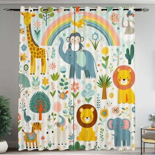 LYJKLST Dschungel Tiere Kurze Gardinen öSenvorhang 2er Set H 150 x B 90 cm Wildtiere Vorhang Kinderzimmer Giraffe Elefant Löwe Regenbogen Blickdichte VorhäNge Schlafzimmer Curtains