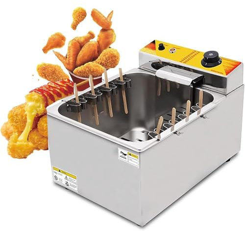 12l Commercial Korean Corn Cheese Hot Dog Frying Machine Deep Fryer, 1900w Electric Deep Fryer for Corn Dogs,Stainless Steel Sausage Frying Equipment for Snack Home Restaurant