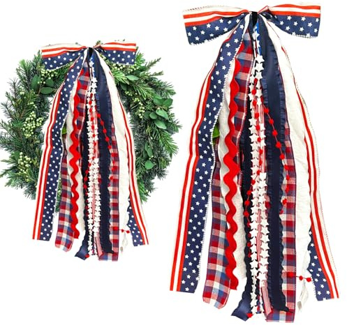 Ftuuo Large Patriotic Star Ribbon Bow for Wreath, Red White Buffalo Plaid Fabric Ribbons Set Assorted Lace Ribbon 4th of July Clip-On Wreath Sash Ribbons Bundle for Patriotic Indoor Outdoor Decor