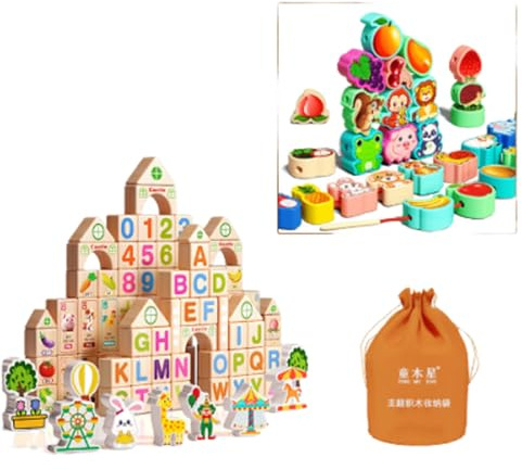 drburpily Holzspielzeug für Babys ab 6 Monaten. Engagieren und Lernen. Spielzeug Ab 6 Monate Baby Spielzeug 1 Jahr Grimms Holzspielzeug , bunt , 100+42Spielzeugbausteine